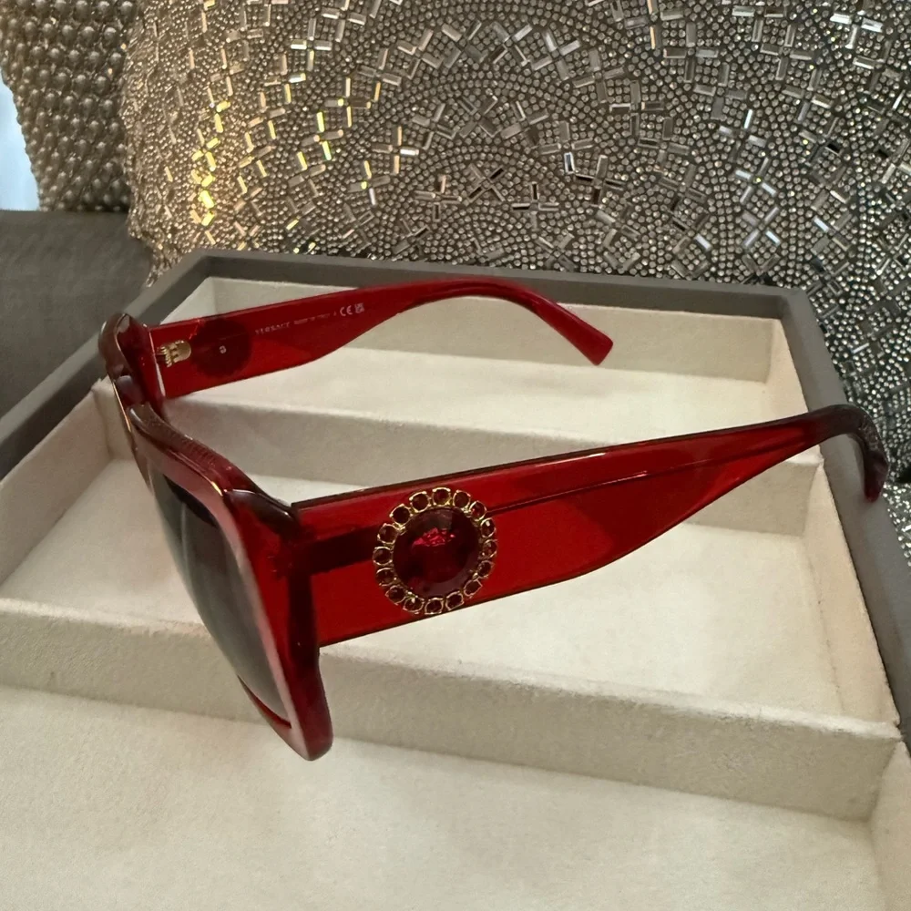 Versace Red Jeweled Square Sunglasses - Picture 9 of 9
